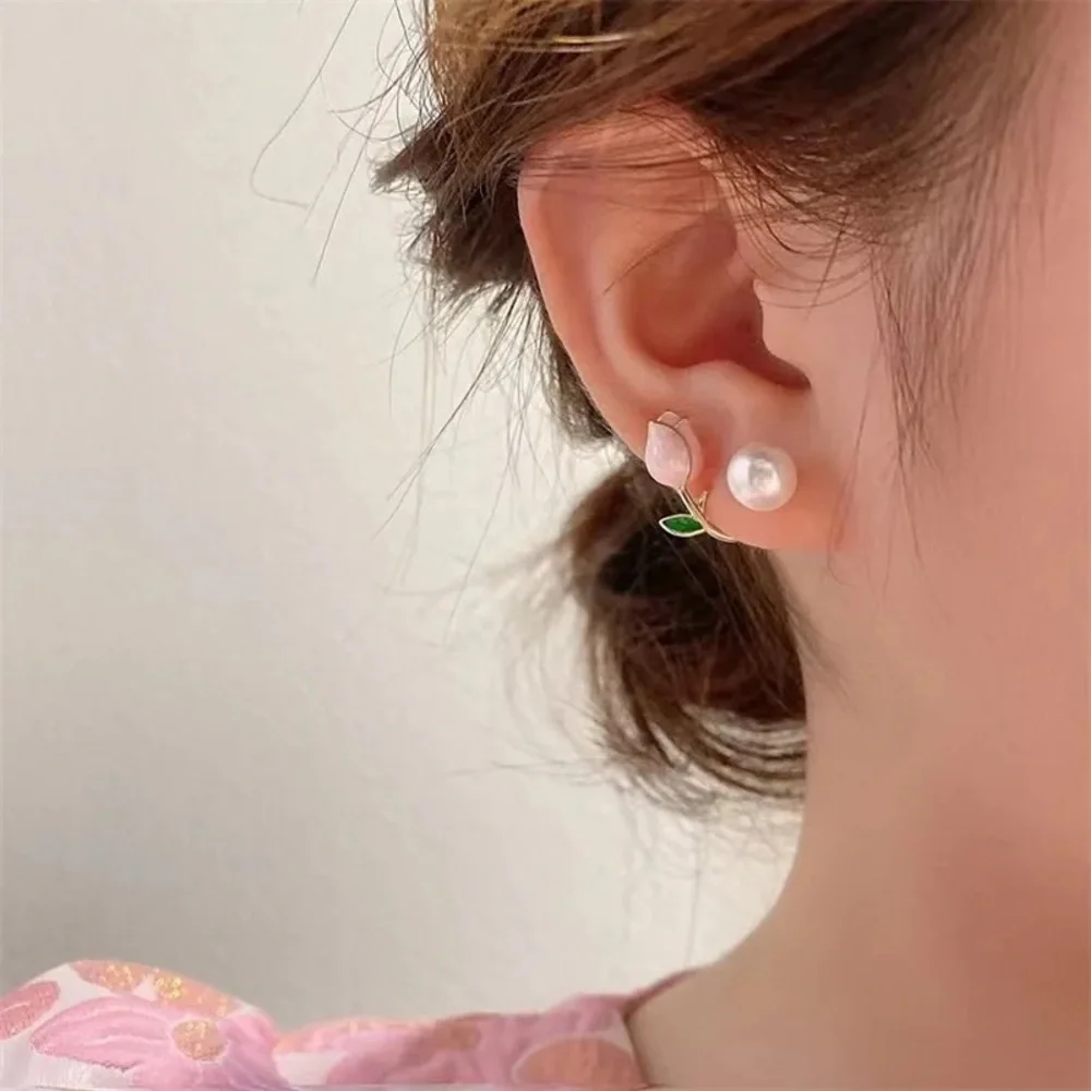 New* Pink Tulip Flower Pearl Stud Earrings - Picture 2 of 4